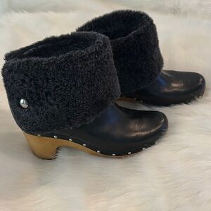 Ugg Black Shearling Clogs with Wooden Heel